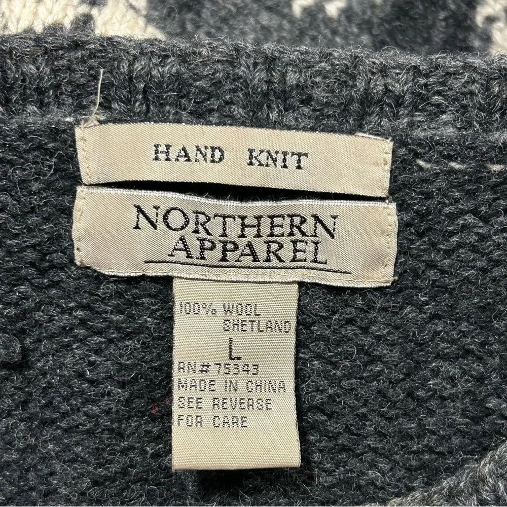 Vintage 100% Wool Hand Knit Sweater Black Gray Size Large
